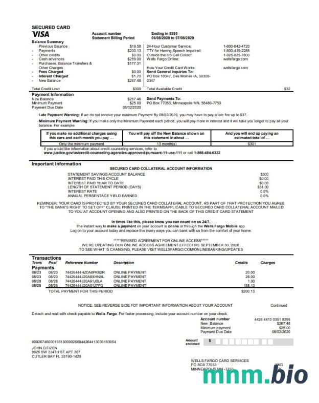 USA Wells Fargo Bank wyciąg z karty kredytowej szablon w formacie excel pdf
